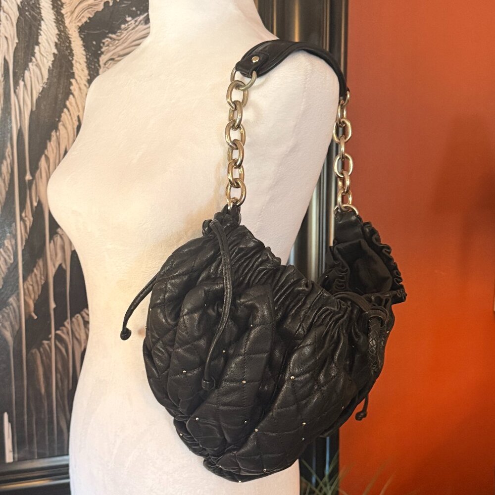 BCBG Max Azria Black Quilted Leather Shoulder Bag With Stud Details Gold Chain